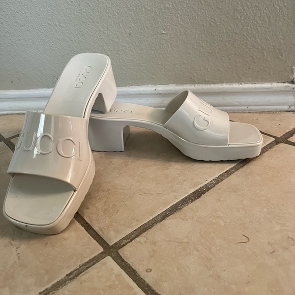 Rubber Gucci Logo Womens Platform 20/60mm Slide Sandals Mystic White - Picture 2 of 5